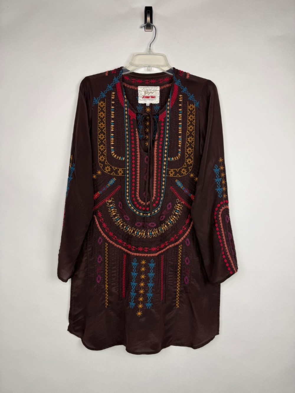 Johnny Was Biya 100% Silk Embroidered Tunic Brown Boho Top Sz S